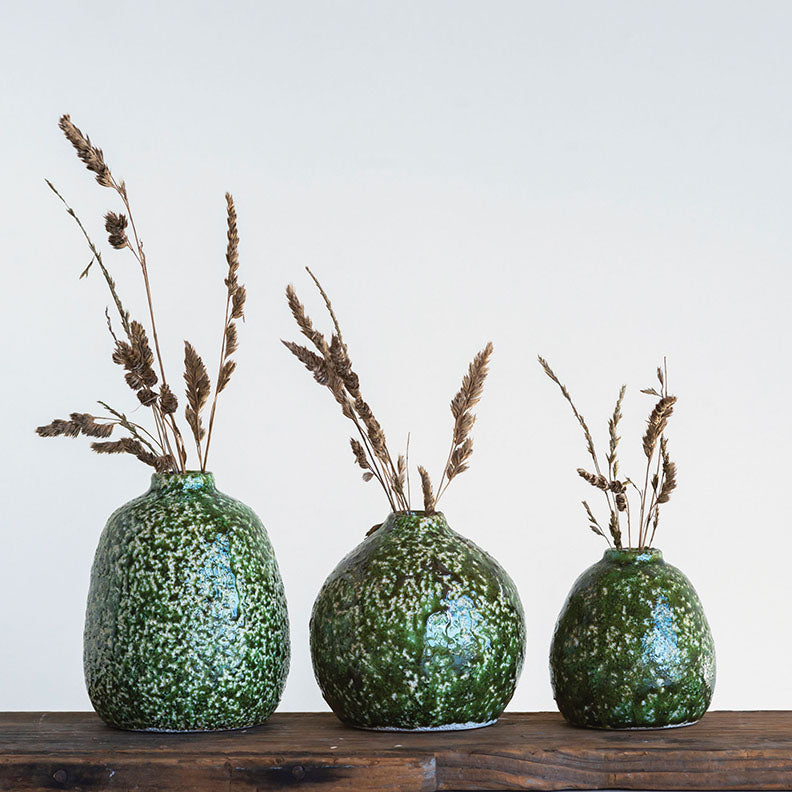 Ceramic Dark Green Glaze Distressed Vases (set of 3)