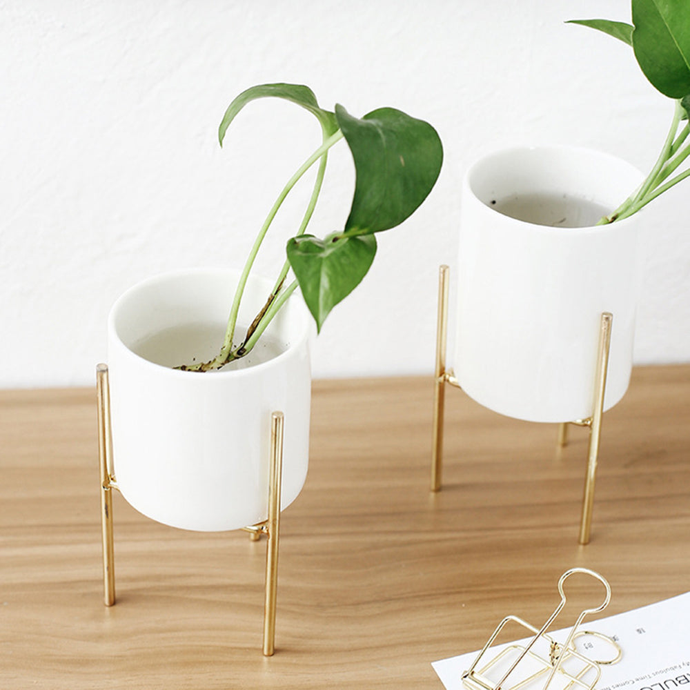 White Ceramic Planter With Metal Plant Stand